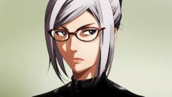10s 1girl animated animated_gif bodysuit breasts bursting_breasts female_focus full-length_zipper glasses grey_hair huge_breasts latex latex_suit lowres no_bra prison_school reversed screencap shiraki_meiko skin_tight solo zipper zipping
