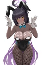 1girl 2023 absurdres animal_ears aqua_bow aqua_bowtie black_hair black_leotard blue_archive bow bowtie breasts cleavage collarbone commentary covered_navel detached_collar fake_animal_ears fishnet_pantyhose fishnets furrowed_brow gloves groin_tendon hair_intakes halo head_tilt highres karin_(blue_archive) karin_(bunny)_(blue_archive) large_breasts leotard light_blush long_hair m1ssed multicolored_hair official_alternate_costume official_alternate_hairstyle open_mouth pantyhose playboy_bunny ponytail purple_hair purple_halo rabbit_ears rabbit_pose shoulder_tattoo sidelocks slit_pupils solo strapless strapless_leotard tattoo tsurime two-tone_hair very_long_hair white_gloves white_wrist_cuffs wrist_cuffs yellow_eyes