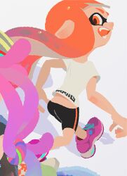 ass bare_legs child cropped fang fangs from_behind huge_ass inkling inkling_girl inkling_player_character legs loli long_hair looking_back nintendo official_art orange_eyes orange_hair pants shirt shoes sneakers splatoon_(series) splatoon_1 squid squid_girl tentacle_hair tight_clothes tight_pants tight_shorts