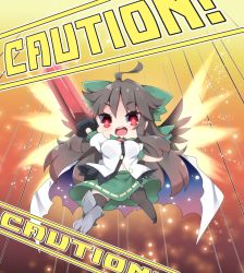 1girl ahoge arm_cannon bird_wings black_footwear black_thighhighs bow breasts brown_hair brown_wings cape caution chibi commentary feathered_wings female_focus green_bow green_skirt hair_between_eyes hair_bow long_hair looking_at_viewer medium_breasts milkpanda open_mouth puffy_short_sleeves puffy_sleeves red_eyes reiuji_utsuho round_teeth shirt short_sleeves skirt solo teeth thighhighs touhou upper_teeth_only very_long_hair weapon white_cape white_shirt wings
