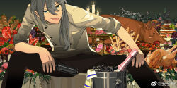 anzishen black_pants blue_eyes bottle bread candle chicken_(food) crazy_b_(ensemble_stars!) ensemble_stars! food fruit grapes grey_hair highres ice ice_cube long_hair pants roast_pork shiina_niki wine_bottle