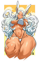 1girl abs animal_ears artist_logo artist_name bayeuxman bikini black_trim boku_no_hero_academia border breasts cleavage commentary cropped_legs dark-skinned_female dark_skin english_commentary finger_under_clothes floating_hair furrowed_brow gloves grin highleg highleg_bikini highres large_breasts logo long_eyelashes long_hair looking_at_viewer mirko navel parted_bangs rabbit_ears rabbit_girl red_eyes smile solo stomach strap_pull swimsuit thick_thighs thighs toned toned_female very_long_hair white_bikini white_border white_gloves white_hair