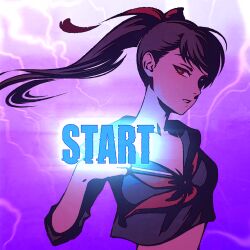 Rule 34 | 1girl, black hair, black serafuku, breasts, cleavage, delinquent, english text, glowing, juusan kihei bouei ken, long hair, looking at viewer, moshimoshibe, neckerchief, ponytail, purple background, red neckerchief, red ribbon, ribbon, sailor collar, school uniform, serafuku, solo, sukeban, takamiya yuki, thunder