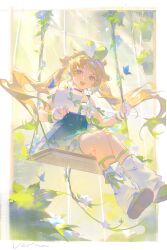 1girl :d absurdres bare_arms bare_shoulders blonde_hair blue_butterfly blue_flower blush bow bow_hairband bug butterfly choker day dress envelope fingerless_gloves flower flower_choker full_body gloves green_bow green_eyes green_footwear green_hairband greenhouse hair_flower hair_ornament hairband highres holding holding_envelope insect koujuan leaf leg_warmers light long_hair looking_at_viewer on_swing open_mouth petite plant shorts shorts_under_dress sitting smile solo sunlight swing teeth twintails upper_teeth_only verina_(wuthering_waves) very_long_hair vines white_flower white_gloves white_leg_warmers white_shorts wuthering_waves