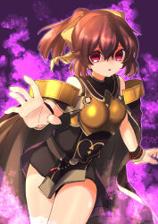 1girl absurdres armor aura bare_shoulders bow breastplate brown_cape brown_hair cape dark_aura dark_persona delthea_(fire_emblem) dress fire_emblem fire_emblem_echoes:_shadows_of_valentia hair_between_eyes hair_bow highres looking_at_viewer mind_control nintendo parted_lips ponytail purple_background red_eyes sleeveless sleeveless_dress solo studio_sugimoto yellow_bow