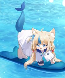 1girl absurdres animal animal_ears animal_focus animalization blonde_hair blue_hair cat cat_ears clothed_animal fins fish_tail highres indie_virtual_youtuber j_humbo long_hair looking_at_viewer multicolored_hair no_humans open_mouth sameko_saba smile streaked_hair surfboard tail virtual_youtuber water