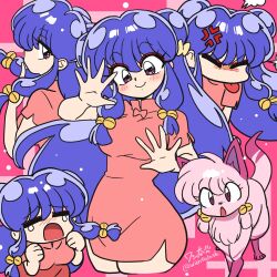 Rule 34 | 1girl, absurdly long hair, anger vein, animal, bell, blush, cat, chinese clothes, closed eyes, closed mouth, crying, dual persona, eyeshadow, hair bell, hair ornament, hair ribbon, long hair, long sidelocks, looking at viewer, looking to the side, makeup, open mouth, purple eyes, purple hair, ranma 1/2, red eyeshadow, ribbon, shampoo (cat), shampoo (ranma 1/2), sidelocks, smile, thighs, tongue, tongue out, very long hair, very long sidelocks, wanta (futoshi)