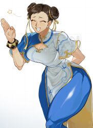 Rule 34 | 1girl, apologizing, blue pants, bracelet, breasts, brown hair, capcom, china dress, chinese clothes, chun-li, closed eyes, commentary, cropped legs, double bun, dress, grin, hair bun, highres, jewelry, leaning forward, muscular, muscular female, nail polish, pants, red nails, simple background, smile, solo, star (symbol), street fighter, street fighter 6, symbol-only commentary, thick thighs, thighs, trnnmnm4, watermark, waving, white background