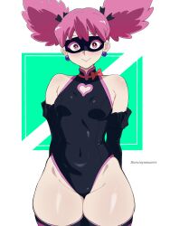 1girl absurdres black_leotard black_sleeves boku_no_hero_academia breasts closed_mouth clothing_cutout detached_sleeves earrings eye_mask haneyama_kazuho harutoyumaarts heart_cutout highleg highleg_leotard highres jewelry leotard looking_at_viewer pink_hair small_breasts smile solo twintails vigilante_-boku_no_hero_academia:_illegals-