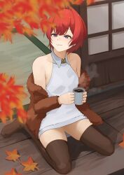 1girl :3 alternate_costume ange_katrina architecture autumn autumn_leaves bare_shoulders blue_eyes breasts brown_jacket brown_thighhighs closed_mouth coffee coffee_mug collarbone collared_dress commentary_request cup doidamon dress east_asian_architecture full_body fur_jacket gradient_eyes hair_intakes highres holding holding_cup jacket leaf legs_folded looking_to_the_side looking_up mug multicolored_eyes nijisanji purple_eyes red_hair seiza short_dress short_hair sitting sleeveless sleeveless_dress small_breasts smile solo thighhighs three_quarter_view virtual_youtuber white_dress