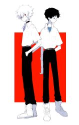 2boys absurdres belt black_hair black_pants blue_eyes blue_undershirt brown_belt closed_mouth collared_shirt evangelion:_3.0_you_can_(not)_redo facing_away full_body hair_between_eyes hands_in_pockets highres holding_own_arm ikari_shinji looking_at_another male_focus multiple_boys nagisa_kaworu neon_genesis_evangelion pale_skin pants purple_undershirt rebuild_of_evangelion red_eyes school_uniform shirt shirt_tucked_in shoes short_hair simple_background smile sneakers vb4but white_footwear white_hair white_shirt