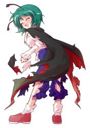 Rule 34 | 1girl, alphes (style), antennae, back, black cape, blue shorts, blush, buttons, cape, closed eyes, commentary request, dairi, defeat, full body, green hair, imperishable night, juliet sleeves, large variant set, loafers, long sleeves, open mouth, parody, puffy sleeves, red cape, red shoes, rider kick, shirt, shirt tucked in, shoes, short hair, shorts, smile, socks, solo, style parody, sweatdrop, tachi-e, torn clothes, touhou, transparent background, two-sided cape, two-sided fabric, variant set, white shirt, white socks, wriggle nightbug