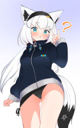 1girl ? ahoge animal_ears black_headband black_panties black_shirt blush breasts fox_ears fox_girl fox_shadow_puppet fox_tail headband highres hololive kani_bonara looking_at_viewer medium_breasts official_alternate_costume panties pentagram shirakami_fubuki shirakami_fubuki_(loungewear) shirt solo sweater tail two-tone_tail underwear virtual_youtuber