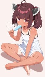 1girl absurdres ahoge armpit_crease bare_arms bare_legs bare_shoulders barefoot brown_hair collarbone commentary_request dress eating flat_chest food food_in_mouth full_body gluteal_fold headgear highres holding holding_food holding_popsicle loli looking_at_viewer medium_hair popsicle popsicle_in_mouth red_eyes shiguren_39 sitting sleeveless sleeveless_dress solo steaming_body tan tanline touhoku_kiritan twintails voiceroid white_dress