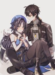 1boy 1girl black_eyes black_hair black_jacket black_pantyhose blush grey_background highres jacket looking_at_another male_rover_(wuthering_waves) mi_08215 open_clothes open_jacket pantyhose rover_(wuthering_waves) simple_background twitter_username wuthering_waves yangyang_(wuthering_waves) yellow_eyes