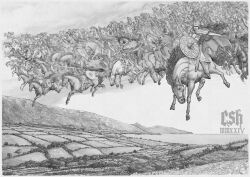 Rule 34 | 1boy, 6+girls, armor, artist name, braid, christian sloan hall, field, flying, graphite (medium), greyscale, helmet, highres, holding, holding polearm, holding weapon, horse, long hair, monochrome, multiple girls, norse, norse mythology, odin (mythology), pelt, polearm, riding, roman numeral, saddle, shield, spear, traditional media, twin braids, unfinished, valkyrie, weapon