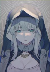 1girl absurdres breasts cleavage dress expressionless gnash15 granblue_fantasy green_eyes grey_hair habit highres long_hair looking_at_viewer medium_breasts parted_lips risette_(granblue_fantasy) sidelocks solo upper_body