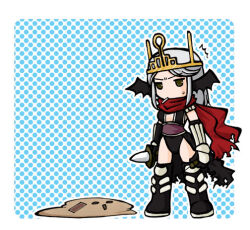 1girl ^^^ armored_boots assassin_cross_(ragnarok_online) black_gloves black_leotard black_thighhighs black_wings blue_background boots brown_eyes card chibi chibi_only cigarette closed_mouth commentary_request crown dagger demon_wings elbow_gloves full_body gloves grey_hair head_wings holding holding_dagger holding_knife holding_weapon ice_pick knife leotard long_hair looking_at_viewer polka_dot polka_dot_background ragnarok_online red_scarf sand scarf sleeper_(ragnarok_online) solo thighhighs torn_clothes torn_scarf v-shaped_eyebrows vambraces weapon wings yazawa_kazuki