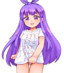 1girl character_request commentary_request eyelashes hairband hidemushi highres long_hair maplestory open_mouth print_shirt purple_eyes purple_hair purple_hairband shirt solo standing sweat very_long_hair white_shirt