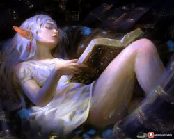 1girl book closed_mouth commentary dress earrings elf frieren holding holding_book jewelry knee_up lying on_back open_book pointy_ears sebijy solo sousou_no_frieren white_dress