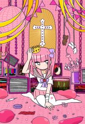 1girl adjusting_clothes adjusting_headwear balloon black_eyes blunt_bangs bow chain chandelier closed_mouth condom condom_balloon condom_wrapper cross crown expressionless ezaki_bisuko hair_bow heart highres menhera-chan_(ezaki_bisuko) menhera-chan_(ezaki_bisuko)_(character) no_shoes noose petals pill pink_hair pink_petals pink_sailor_collar pink_skirt pink_theme pleated_skirt purple_bow sailor_collar school_uniform serafuku short_twintails skirt solo static stuffed_animal stuffed_rabbit stuffed_toy syringe teddy_bear television thighhighs twintails white_serafuku white_thighhighs yami_kawaii