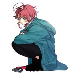 1boy ahoge amemura_ramuda antenna_hair arms_on_knees blue_coat blue_eyes blues boots buckle canvas_texture chips_(food) coat collared_shirt crossed_arms food food_in_mouth from_side full_body heart heart-shaped_buckle heart_antenna_hair hood hooded_coat hunched_over hypnosis_mic long_sleeves looking_at_viewer male_focus motion_lines mouth_hold natunocacao neck_ribbon pink_hair raised_eyebrows red_ribbon ribbon shirt short_hair sidelocks simple_background solo squatting swept_bangs white_background