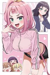 &gt;_&lt; 5girls :d :o absurdres black_hair black_shorts blazer closed_mouth collared_shirt crop_top cropped_jacket fang finger_to_eye heart highres jacket kouzuki_mahiru leaning_forward looking_at_viewer meiji_(meizi493) midriff multiple_girls navel open_clothes open_jacket open_mouth pink_hair pink_jacket shirt short_shorts shorts skin_fang smile takanashi_kim_anouk_mei thighs tongue tongue_out turtleneck turtleneck_jacket watase_kiui white_shirt yamanouchi_kano yoru_no_kurage_wa_oyogenai