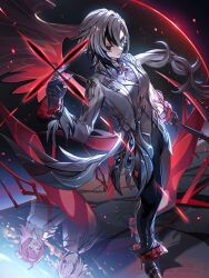 2girls arlecchino_(genshin_impact) black_hair black_pants closed_mouth genshin_impact gloves grey_hair grey_jacket highres jacket long_hair looking_at_viewer multicolored_hair multiple_girls pants purple_gloves red_eyes solo_focus standing tsugutoku two-tone_hair