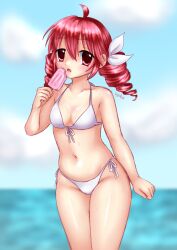 Rule 34 | 1girl, 2000s (style), absurdres, ahoge, bare arms, bare legs, bare shoulders, bikini, cowboy shot, drill hair, hair between eyes, highres, kasane teto, kigidere, long hair, looking at viewer, ocean, open mouth, outdoors, red eyes, red hair, sky, solo, standing, swimsuit, twin drills, utau, water, white bikini