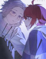 2boys ahoge aotsuki_eito artist_name black_gloves black_pants blue_eyes blush corrupted_twitter_file glasses gloves grey_hair hand_on_another&#039;s_thigh hashtag-only_commentary highres hood hoodie izumi_481 jacket looking_at_another male_focus multicolored_hair multiple_boys pants parted_lips red_hair short_hair streaked_hair sumino_takumi teeth the_hundred_line_-last_defense_academy- thigh_strap white_hoodie white_jacket yaoi