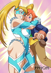 Rule 34 | 1boy, 1girl, absurdres, ass, blonde hair, blue eyes, breasts, grin, gurisomu jo, happy, highres, hug, large breasts, lipstick mark, lipstick mark on face, long hair, mask, medium breasts, nakamanga, one eye closed, rainbow mika, size difference, smile, standing, startling adventures, street fighter, street fighter zero (series), thick thighs, thighs, toned, toned female, twintails, wrestling mask, wrestling outfit
