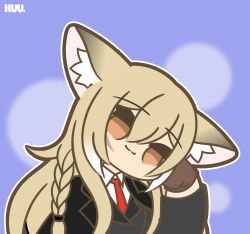 1girl absurdres animal_ear_fluff animal_ears arknights artist_name black_jacket blonde_hair blue_background braid brown_gloves closed_mouth collared_shirt commentary commission english_commentary fox_ears fox_girl gloves highres jacket kuhl-notes long_sleeves looking_at_viewer necktie orange_eyes outline pixiv_commission red_necktie shirt solo vulpisfoglia_(arknights) white_outline white_shirt