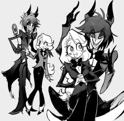Rule 34 | 1boy, 1girl, absurdres, alastor (hazbin hotel), blush stickers, bow, bowtie, buttons, charlie morningstar, claws, greyscale, hair ears, hazbin hotel, highres, holding, holding microphone stand, jacket, jihecchi, long hair, long sleeves, low-tied long hair, microphone stand, monochrome, open mouth, pants, parted lips, sharp teeth, shoes, short hair, simple background, smile, teeth, very long hair