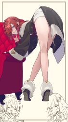 +++ 3girls ange_katrina ange_katrina_(1st_costume) ankle_boots armchair bare_legs bent_over black_boots black_coat blue_eyes boots border brown_border cardigan chair chibi chibi_inset coat commentary_request crossed_legs dress embarrassed eyelashes finger_to_face from_behind full_body grin hair_intakes hair_ornament hair_over_one_eye hairclip hand_on_chair highres inset_border inui_toko inui_toko_(1st_costume) kneepits laughing lize_helesta lize_helesta_(1st_costume) long_legs looking_at_viewer looking_back matsuharu_(lip-mil) medium_hair multiple_girls nijisanji off_shoulder outside_border partial_commentary partially_colored pointing pointing_at_self red_cardigan red_hair sanbaka_(nijisanji) short_dress sleeves_past_wrists smile solo_focus standing tiptoes turning_head virtual_youtuber white_dress yellow_background