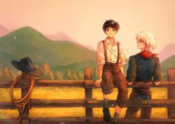 2boys bandana bandana_around_neck belt black_hat black_shirt black_socks blue_eyes blue_vest brown_belt brown_hair brown_pants chaps closed_mouth collared_shirt cowboy_hat dress_shirt elbow_rest fence forest hat highres ikari_shinji lasso leaning leaning_back looking_ahead looking_back male_focus mountain multiple_boys nagisa_kaworu nature neon_genesis_evangelion open_collar open_mouth outdoors pants red_bandana red_eyes shirt shirt_tucked_in shoes sitting sitting_on_fence sleeves_rolled_up smile socks studded_belt suspenders tree unworn_headwear vest white_hair white_shirt wing_collar wooden_fence wuluan_(sasishuibulabo)