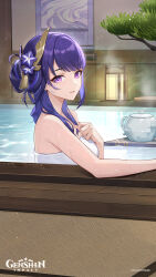 1girl absurdres bathing blunt_bangs breasts genshin_impact hair_bun hair_ornament highres long_hair looking_at_viewer mole mole_under_eye naked_towel official_alternate_hairstyle official_art onsen open_mouth partially_submerged purple_eyes purple_hair raiden_shogun towel upper_body wet wet_hair