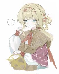 Rule 34 | ..., 1girl, blonde hair, blue eyes, braid, braided bangs, brown dress, cloak, closed mouth, dress, hair ribbon, hand up, highres, kiperina, long hair, long sleeves, looking at viewer, low ponytail, naty, neckerchief, ponytail, puffy long sleeves, puffy sleeves, red cloak, red neckerchief, red ribbon, reverse:1999, ribbon, solo, speech bubble, spoken ellipsis, upper body, white background, white sleeves