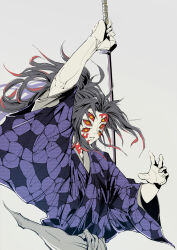 arms_up artist_name extra_eyes facial_mark highres holding holding_sword holding_weapon japanese_clothes kimetsu_no_yaiba kimono kokushibou multicolored_hair myzhrh purple_kimono simple_background streaked_hair sword upper_body weapon white_background