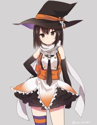 10s 1girl black_hair elbow_gloves female_focus gloves halloween hat ica kantai_collection necktie scarf sendai_(kancolle) sendai_kai_ni_(kancolle) short_hair single_thighhigh solo thighhighs witch_hat
