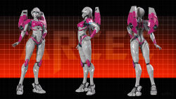 1girl 3d absurdres arcee ass autobot backpack bag blender_(medium) blue_eyes breasts colored_skin hand_on_own_hip highres humanoid_robot jpl-animation mecha mecha_musume medium_breasts metal_skin panties pink_panties robot robot_girl solo thighs transformers underwear white_skin