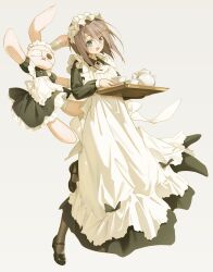 1girl absurdres alternate_costume apron ascot black_dress black_pantyhose brown_hair collared_dress cup dress eyepatch frilled_apron frills full_body green_eyes grey_background hair_ornament hairclip highres holding holding_tray long_dress long_sleeves looking_at_viewer maid maid_apron maid_headdress mamiya_hasaki mary_janes medical_eyepatch mofukoke open_mouth pantyhose shoes short_hair simple_background smile solo stuffed_animal stuffed_rabbit stuffed_toy subarashiki_hibi tea_set teacup teapot tray white_ascot