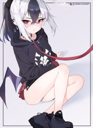 1girl absurdres animal_collar ass black_hair black_hoodie black_horns black_shoes blue_archive blush closed_mouth collar demon_horns demon_wings grey_halo hair_between_eyes halo highres hood hoodie horns kayoko_(blue_archive) long_hair long_sleeves looking_at_viewer mole multiple_views panties pink_panties pleated_skirt pu_ht purple_wings red_eyes red_skirt shoes single_wing skirt underwear white_hair wings