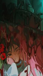 2girls absurdres alien_stage bathtub black_hair blood commentary english_commentary flower hair_flower hair_ornament highres kiss kissing_cheek long_hair mizi_(alien_stage) multiple_girls pink_hair red_flower short_hair speakallpesky strangling sua_(alien_stage) tile_wall tiles