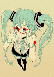 1girl aqua_eyes aqua_hair black_boots black_skirt boots from_above glasses hatsune_miku highres kawamitsu long_hair parted_lips red-framed_eyewear skirt solo standing thigh_boots twintails very_long_hair vocaloid