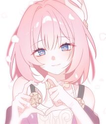 1girl bare_shoulders blue_eyes coat commentary_request cyrene_(honkai:_star_rail) dress four-finger_heart_hands hair_ornament heart heart_hands highres honkai:_star_rail honkai_(series) ih_aed jewelry korean_commentary looking_at_viewer medium_hair multicolored_hair necklace pink_hair purple_coat smile solo two-tone_hair upper_body white_dress white_hair
