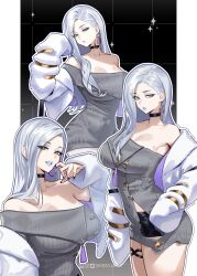1girl black_choker black_shorts blue_eyeshadow blue_lips breasts choker collarbone dress earrings eyeshadow fate/grand_order fate_(series) finger_to_cheek hand_on_own_hip highres hoop_earrings inhoso jacket jewelry large_breasts long_hair looking_at_viewer makeup mrs._snake_(fate) pale_skin parted_lips shorts sleeves_past_fingers sleeves_past_wrists slit_pupils solo sparkle_background sweater sweater_dress thighlet twitter_username white_hair white_jacket yellow_eyes