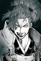 1boy absurdres black_background crest family_crest fate/grand_order fate_(series) greyscale hair_tie high_collar highres jinbaori knyhks_zms looking_at_viewer male_focus medium_hair monochrome mori_nagayoshi_(second_ascension)_(fate) parted_hair ponytail sharp_teeth simple_background solo spiked_hair tassel teeth v-shaped_eyebrows yellow_eyes