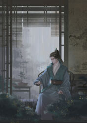 1boy architecture bijia black_hair black_sash blue_hanfu bonsai brown_sash chair chinese_clothes closed_eyes east_asian_architecture foliage hanfu highres indoors long_sleeves original overfly1112 rain sash sitting solo vest wide_sleeves xiao_guan_(headdress) zhijupao