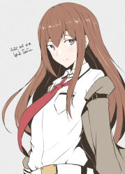 1girl artist_logo brown_hair brown_jacket dated expressionless grey_background grey_eyes highres jacket logo long_hair looking_at_viewer makise_kurisu necktie red_necktie simple_background solo steins;gate taira_yuuki upper_body