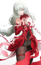 1girl absurdres bandage_over_one_eye bandaged_arm bandages bare_shoulders black_pantyhose black_skirt braid breasts closed_mouth commentary cowboy_shot detached_sleeves dress flower gradient_clothes gradient_dress grey_eyes grey_hair highres holding holding_flower long_hair low_twin_braids medium_breasts pantyhose phrolova_(wuthering_waves) red_dress red_pupils simple_background single_detached_sleeve sinonomemikann skirt solo spider_lily tacet_mark_(wuthering_waves) twin_braids twitter_username very_long_hair white_background wuthering_waves